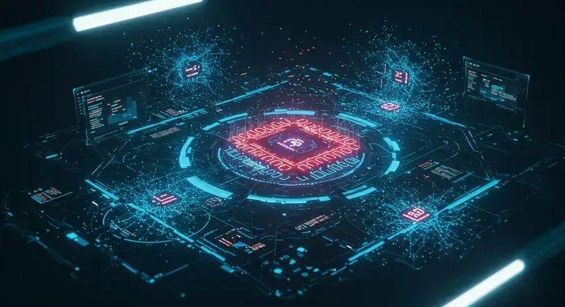 一个融合可视化编程模块与 AI 神经网络元素的未来主义界面，象征着 AI 增强了无代码/低代码开发平台。该场景应体现智能化和易用性。